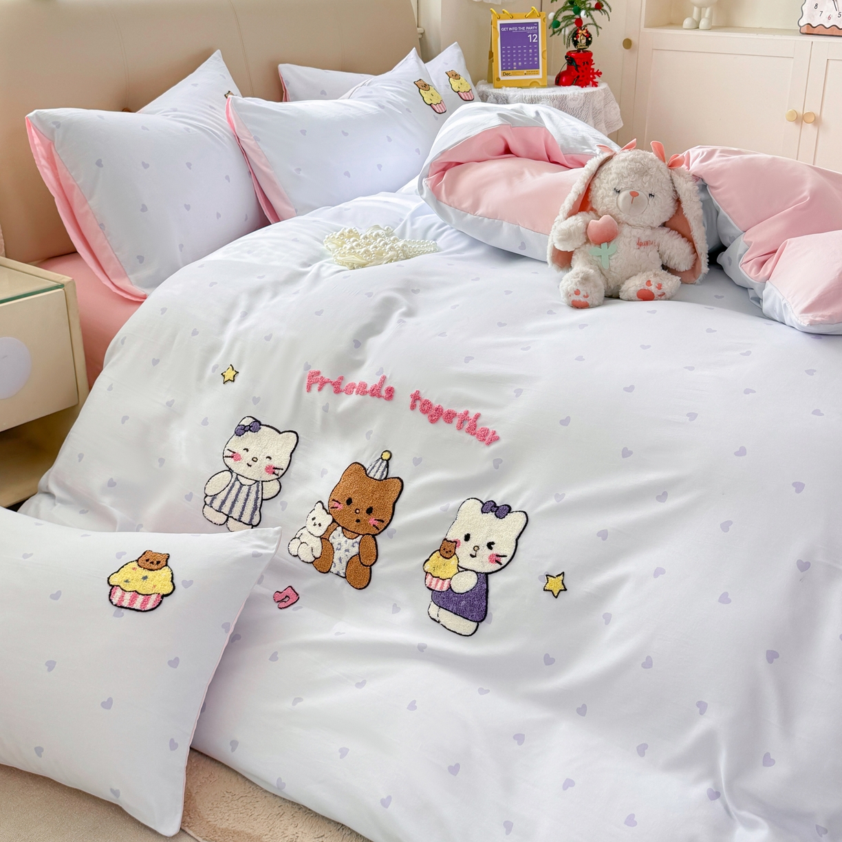 91家纺网 家纺一手货源 找家纺 优选 2026新款小红书热款混搭风毛巾绣床上用品四件套韩版学生三件套【专版花型 盗版必究】 可爱小猫咪