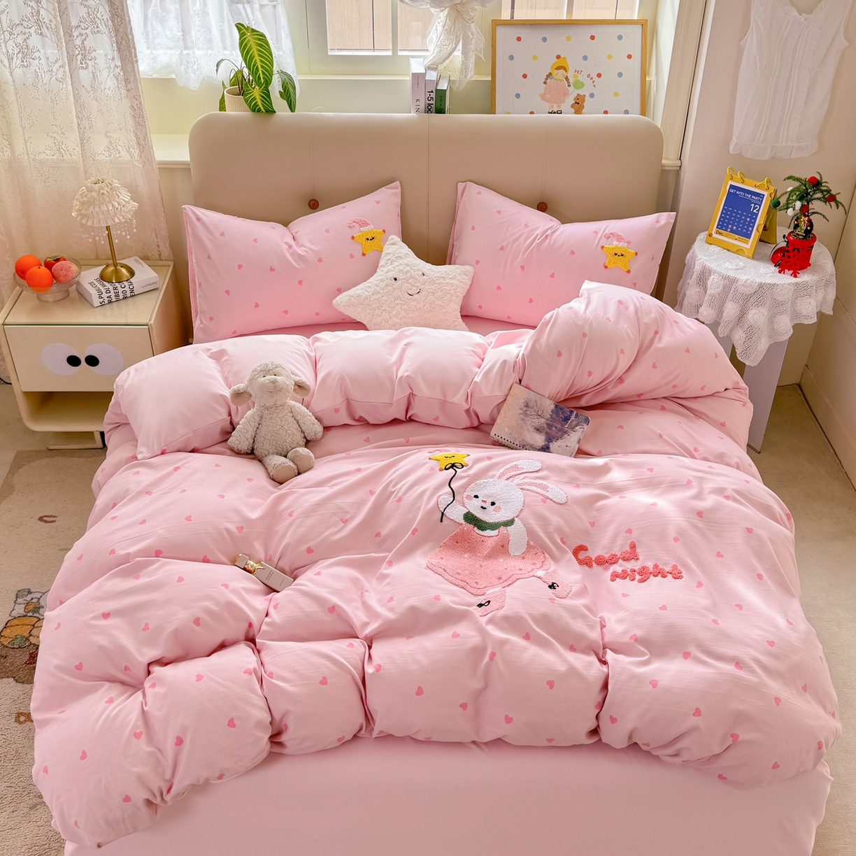 91家纺网 家纺一手货源 找家纺 优选 2026新款小红书热款混搭风毛巾绣床上用品四件套韩版学生三件套【专版花型 盗版必究】 萌萌兔