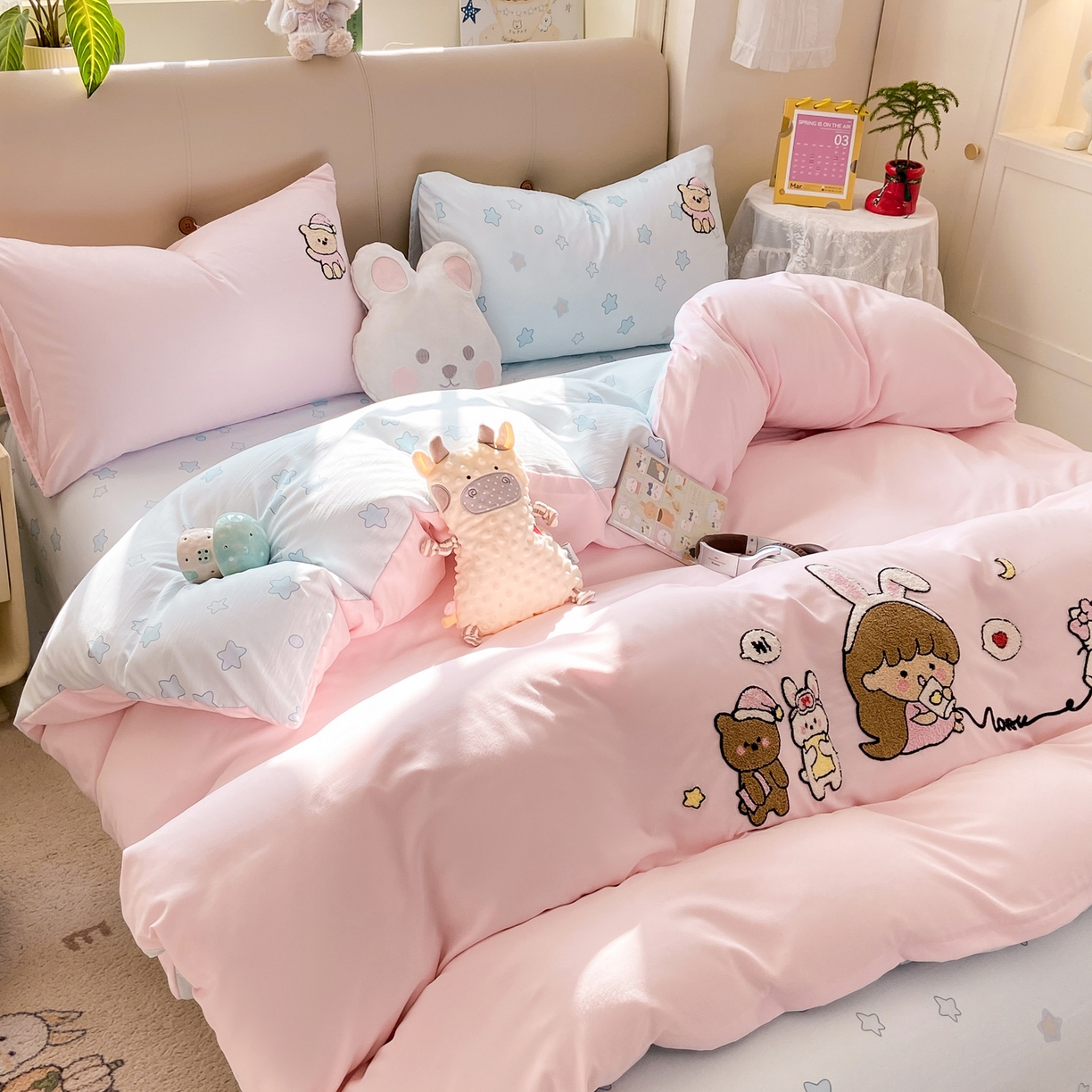 91家纺网 家纺一手货源 找家纺 优选 2026新款小红书热款混搭风毛巾绣床上用品四件套韩版学生三件套【专版花型 盗版必究】 心动信号