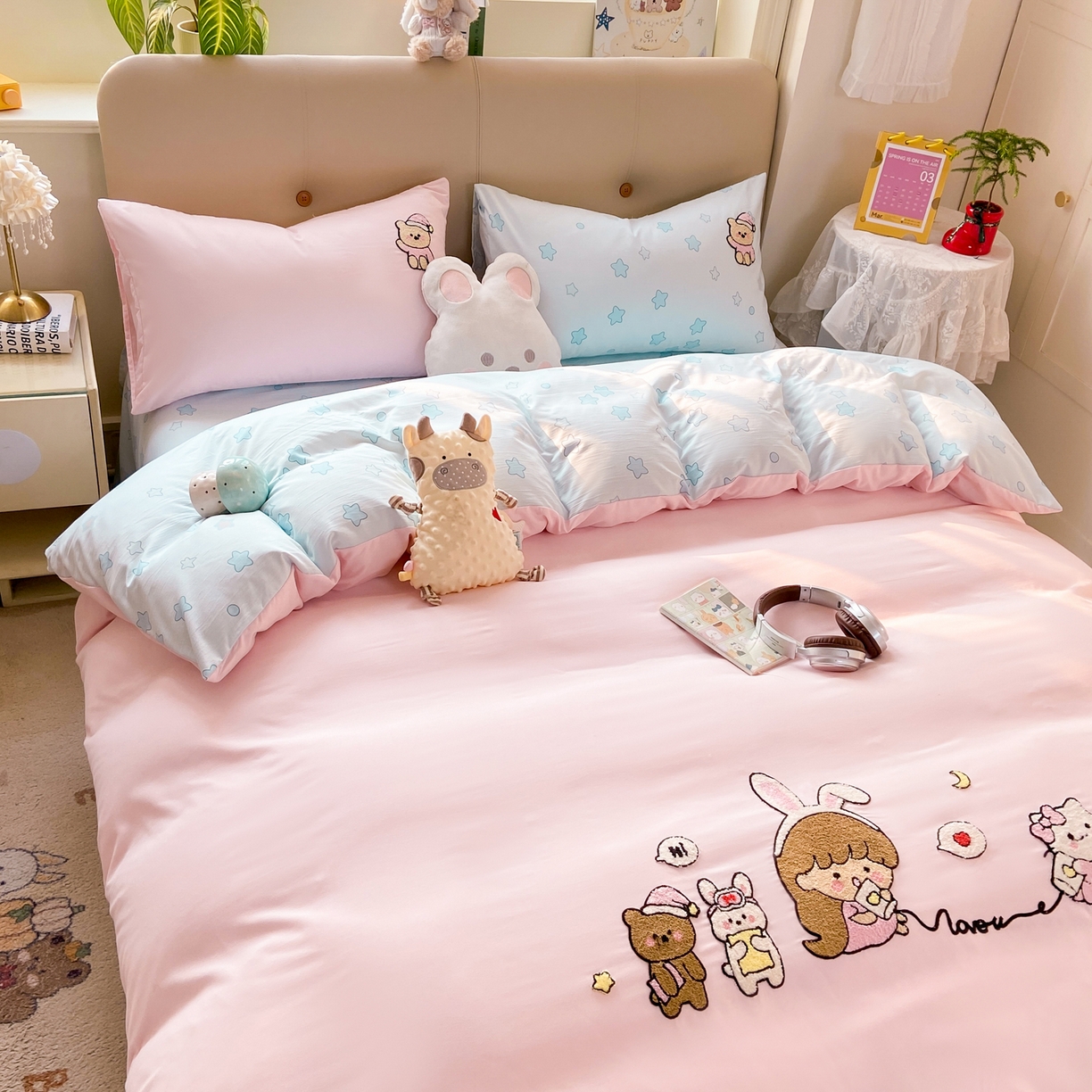 91家纺网 家纺一手货源 找家纺 优选 2026新款小红书热款混搭风毛巾绣床上用品四件套韩版学生三件套【专版花型 盗版必究】 心动信号