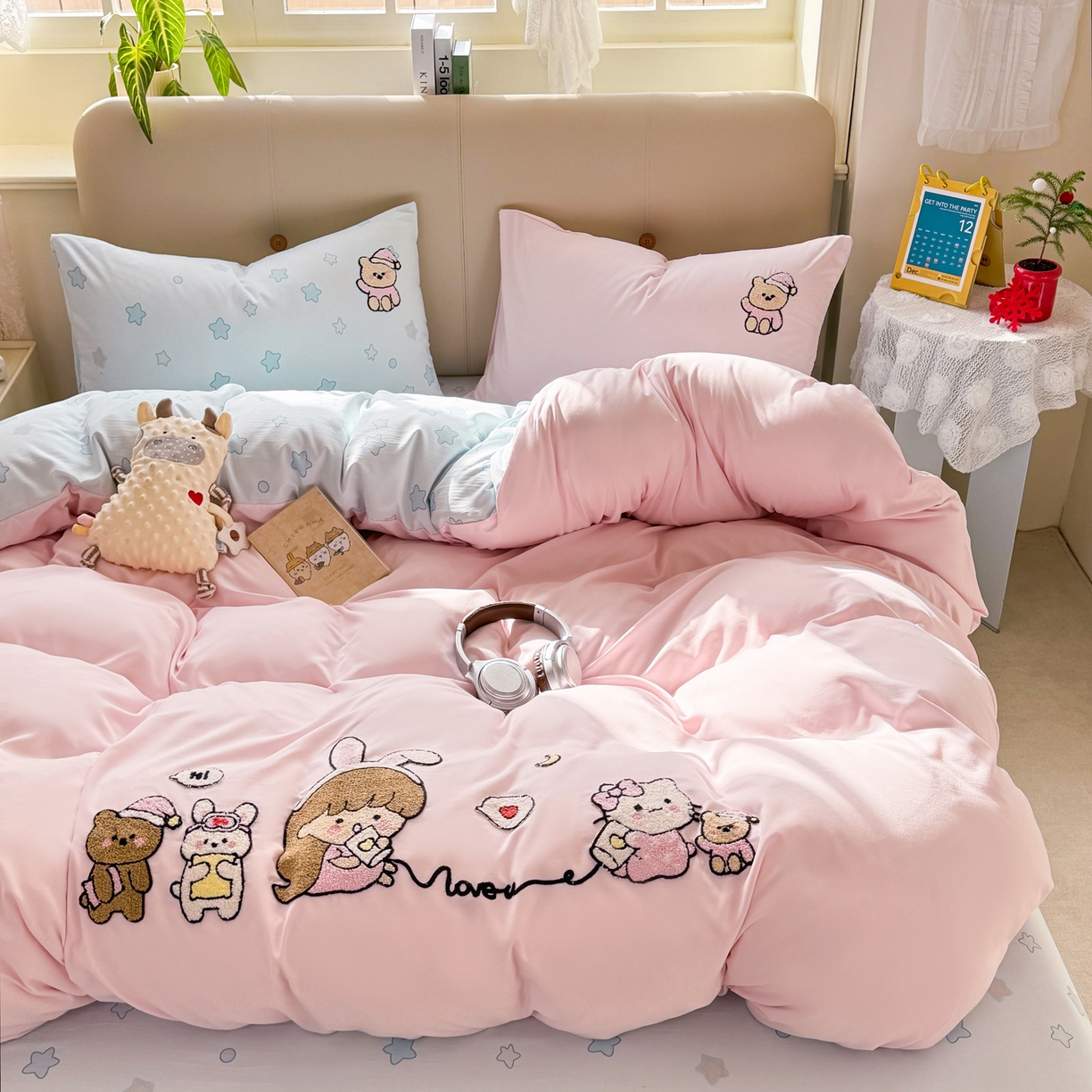 91家纺网 家纺一手货源 找家纺 优选 2026新款小红书热款混搭风毛巾绣床上用品四件套韩版学生三件套【专版花型 盗版必究】 心动信号