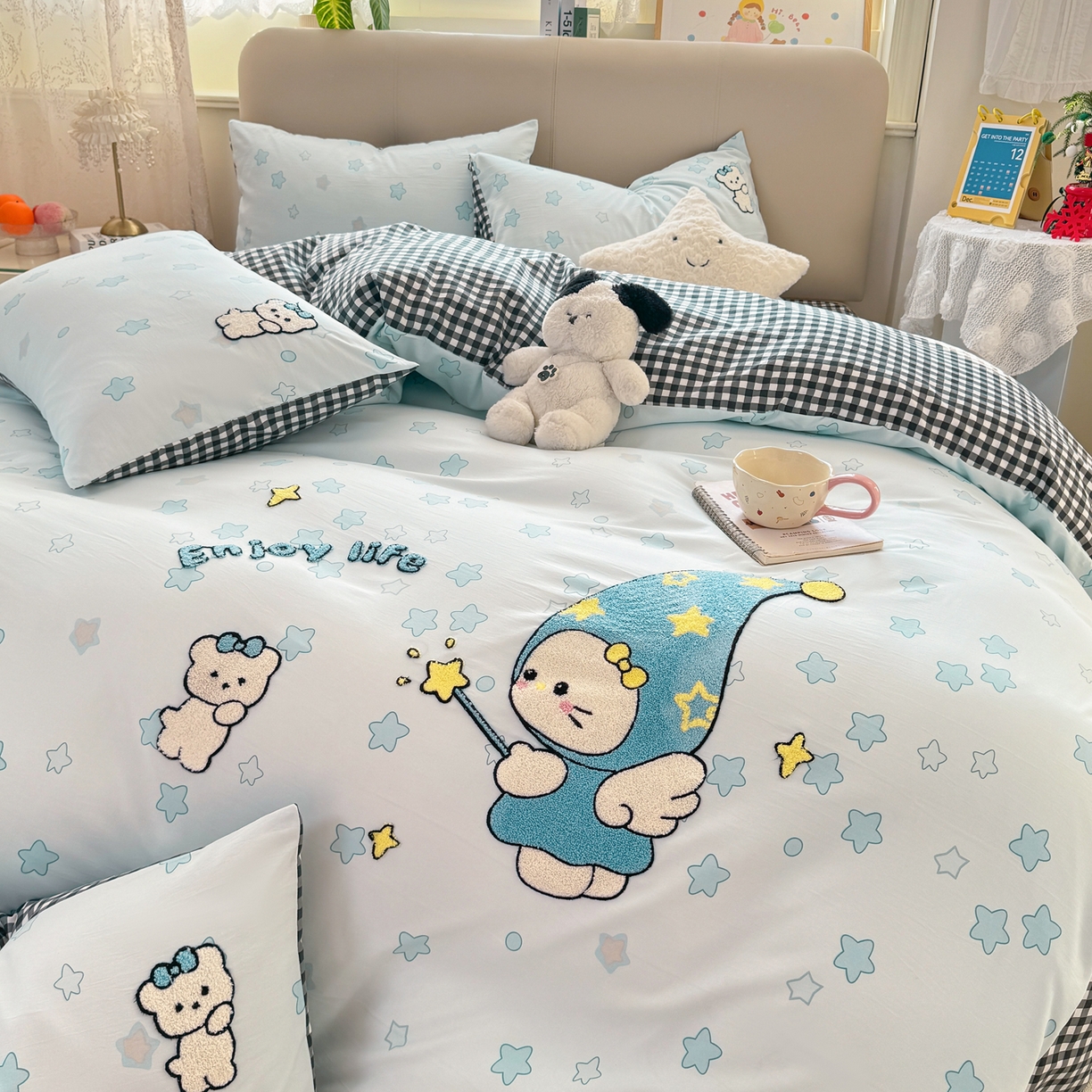 91家纺网 家纺一手货源 找家纺 优选 2026新款小红书热款混搭风毛巾绣床上用品四件套韩版学生三件套【专版花型 盗版必究】 星空缘