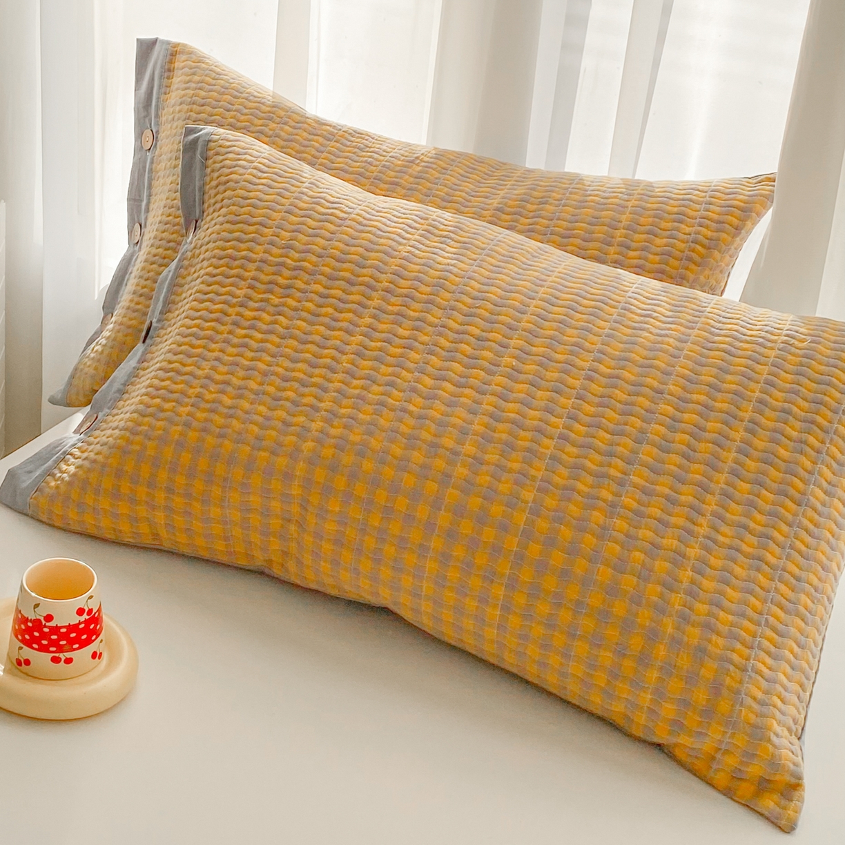 91家纺网 家纺一手货源 找家纺 美宜家 2026新款全棉水洗高密色织夹棉纺缝枕套高端全棉枕芯保护套 1.邂逅柠黄