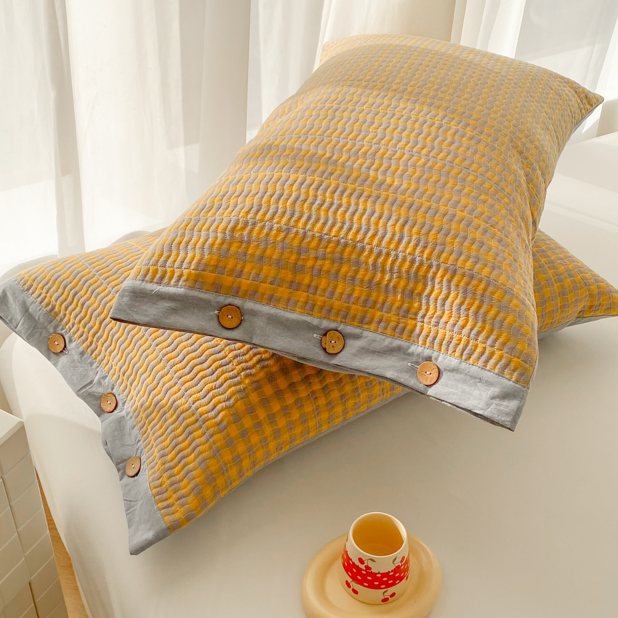 91家纺网 家纺一手货源 找家纺 美宜家 2026新款全棉水洗高密色织夹棉纺缝枕套高端全棉枕芯保护套 1.邂逅柠黄