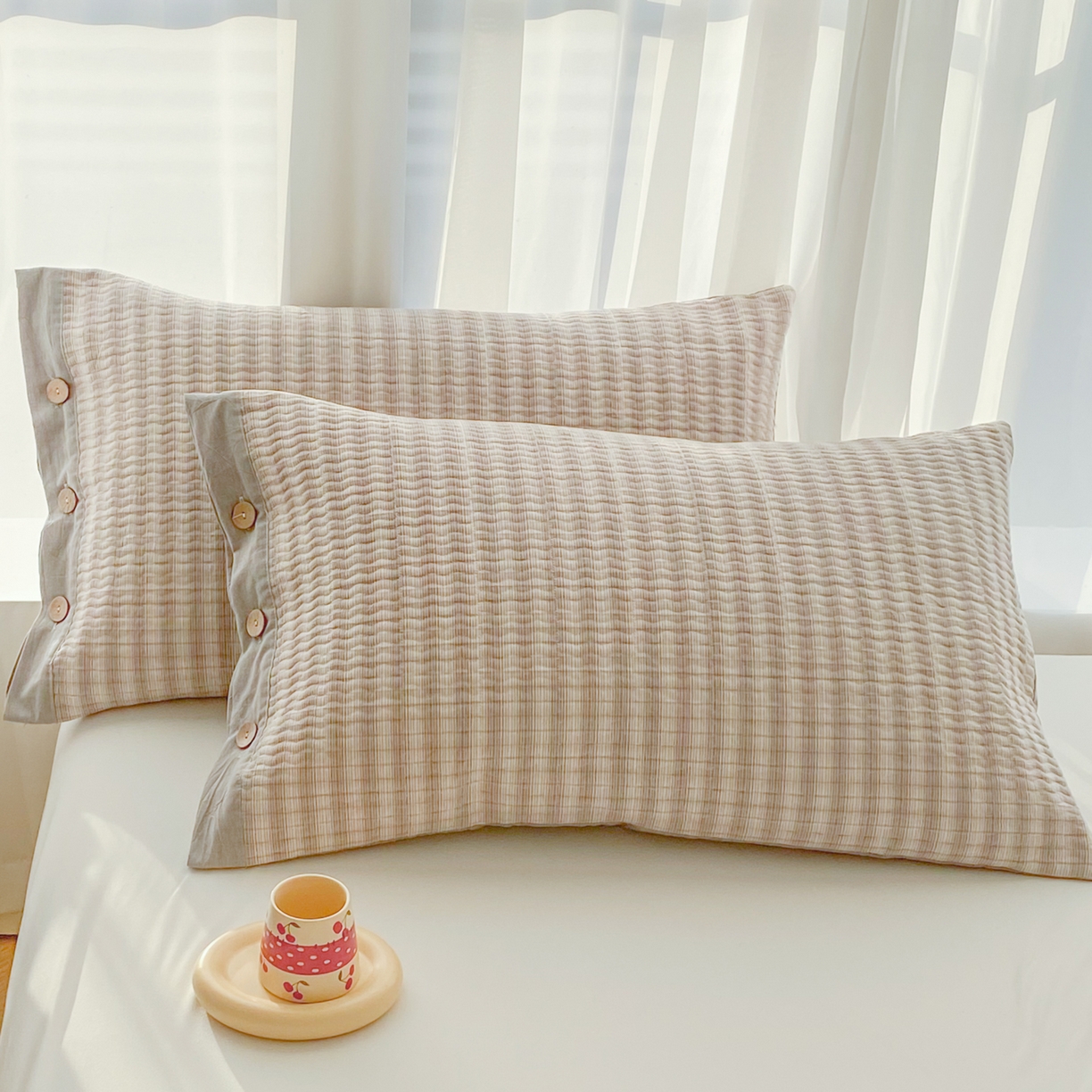 美宜家 2026新款全棉水洗高密色织夹棉纺缝枕套高端全棉枕芯保护套 5.邂逅米灰