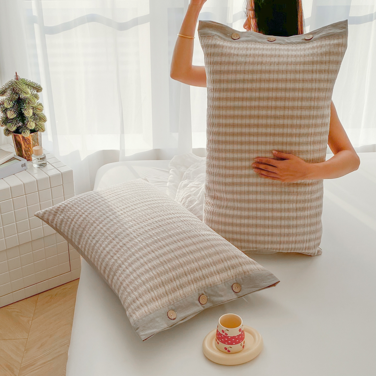 91家纺网 家纺一手货源 找家纺 美宜家 2026新款全棉水洗高密色织夹棉纺缝枕套高端全棉枕芯保护套 5.邂逅米灰