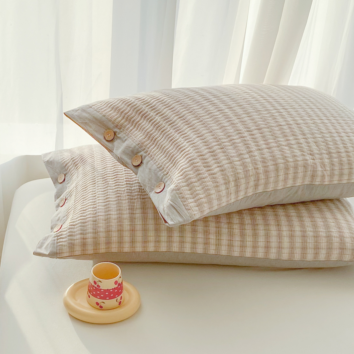 91家纺网 家纺一手货源 找家纺 美宜家 2026新款全棉水洗高密色织夹棉纺缝枕套高端全棉枕芯保护套 5.邂逅米灰