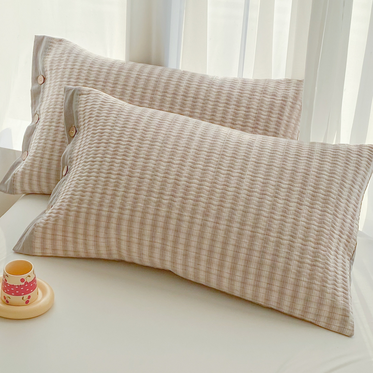 91家纺网 家纺一手货源 找家纺 美宜家 2026新款全棉水洗高密色织夹棉纺缝枕套高端全棉枕芯保护套 5.邂逅米灰