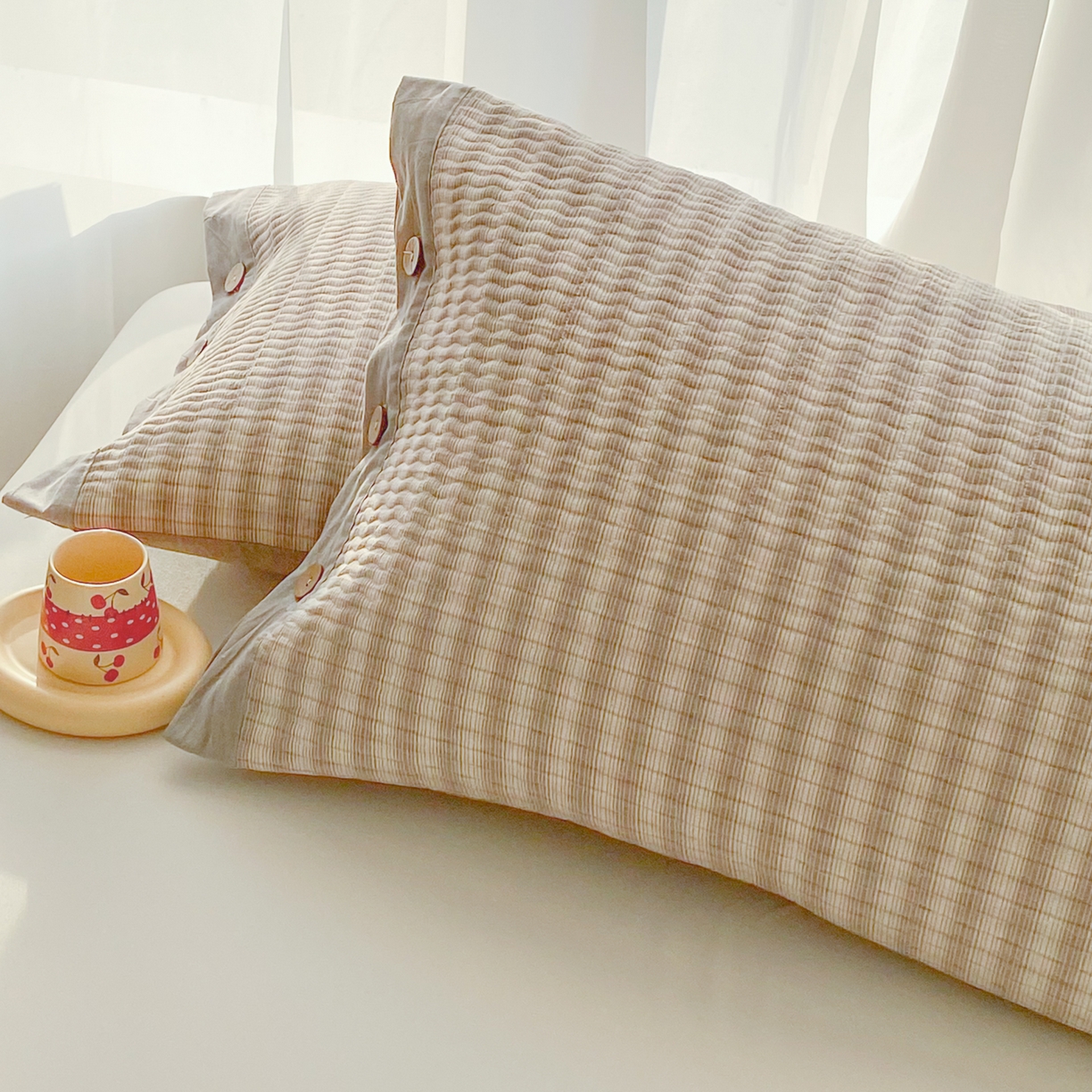 91家纺网 家纺一手货源 找家纺 美宜家 2026新款全棉水洗高密色织夹棉纺缝枕套高端全棉枕芯保护套 5.邂逅米灰