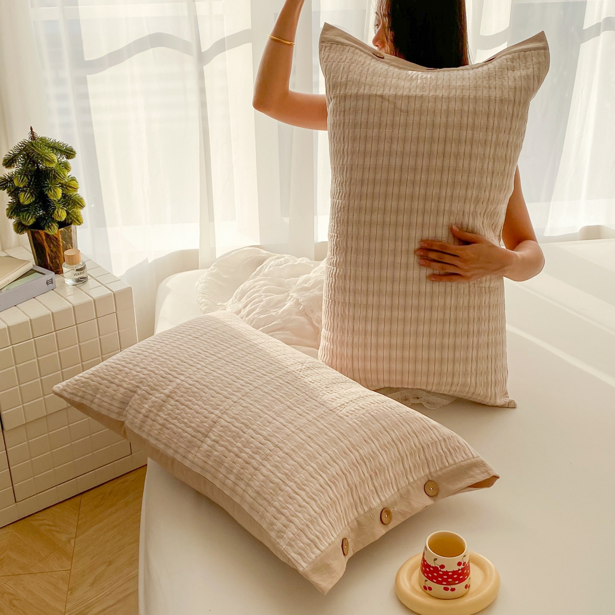 91家纺网 家纺一手货源 找家纺 美宜家 2026新款全棉水洗高密色织夹棉纺缝枕套高端全棉枕芯保护套 6.邂逅米