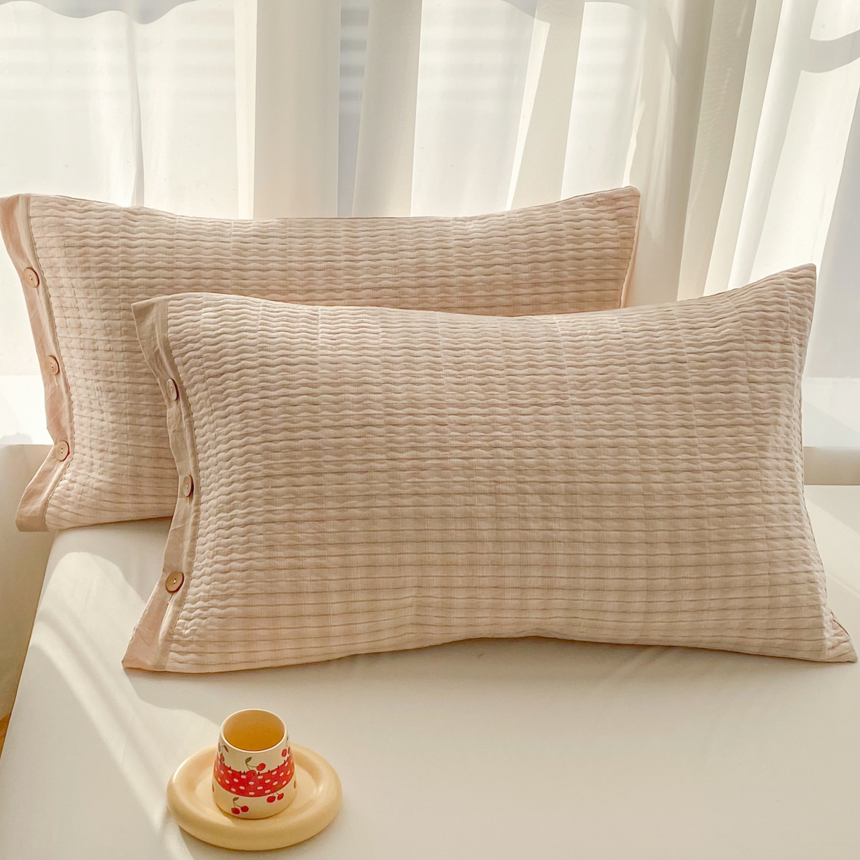 美宜家 2026新款全棉水洗高密色织夹棉纺缝枕套高端全棉枕芯保护套 6.邂逅米