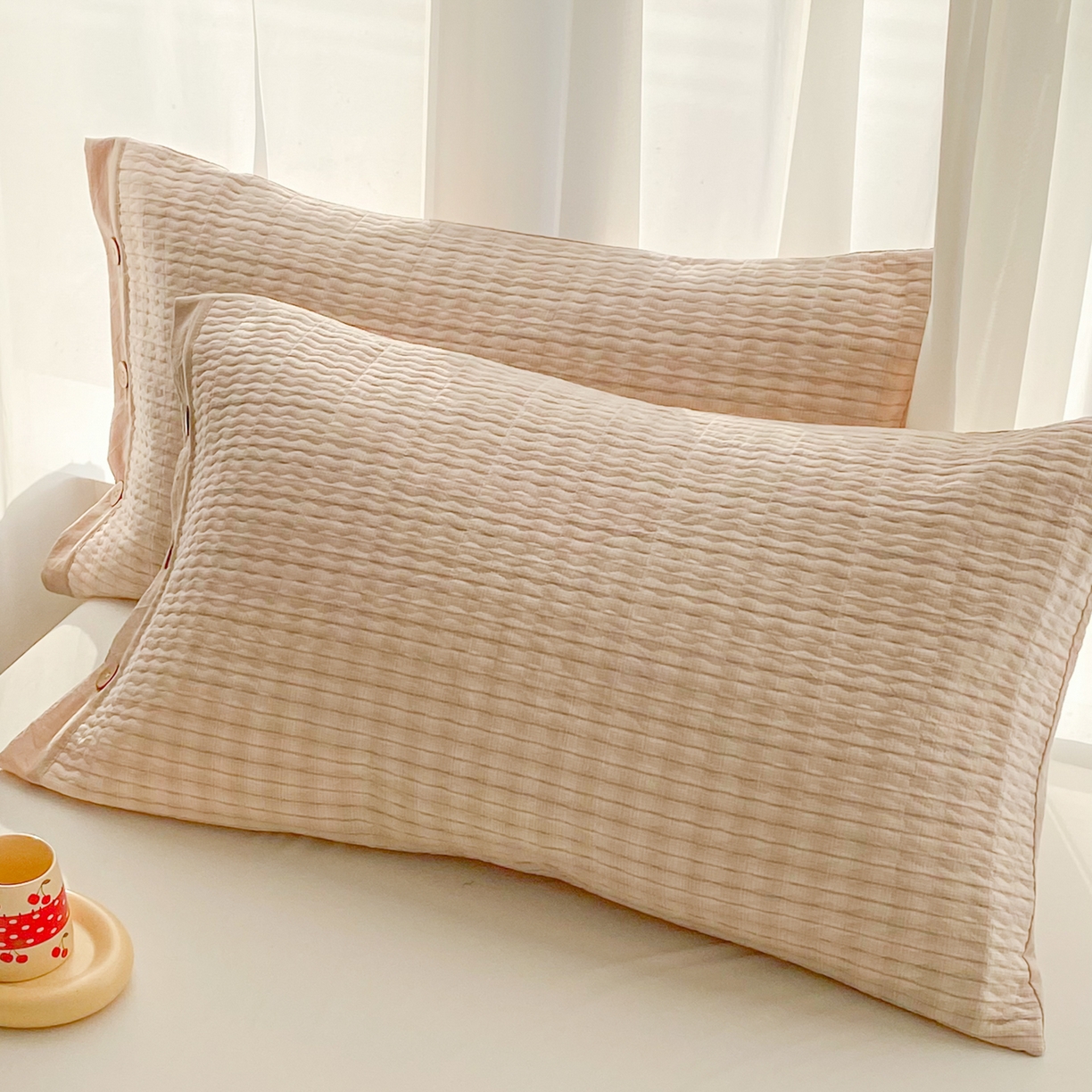 91家纺网 家纺一手货源 找家纺 美宜家 2026新款全棉水洗高密色织夹棉纺缝枕套高端全棉枕芯保护套 6.邂逅米