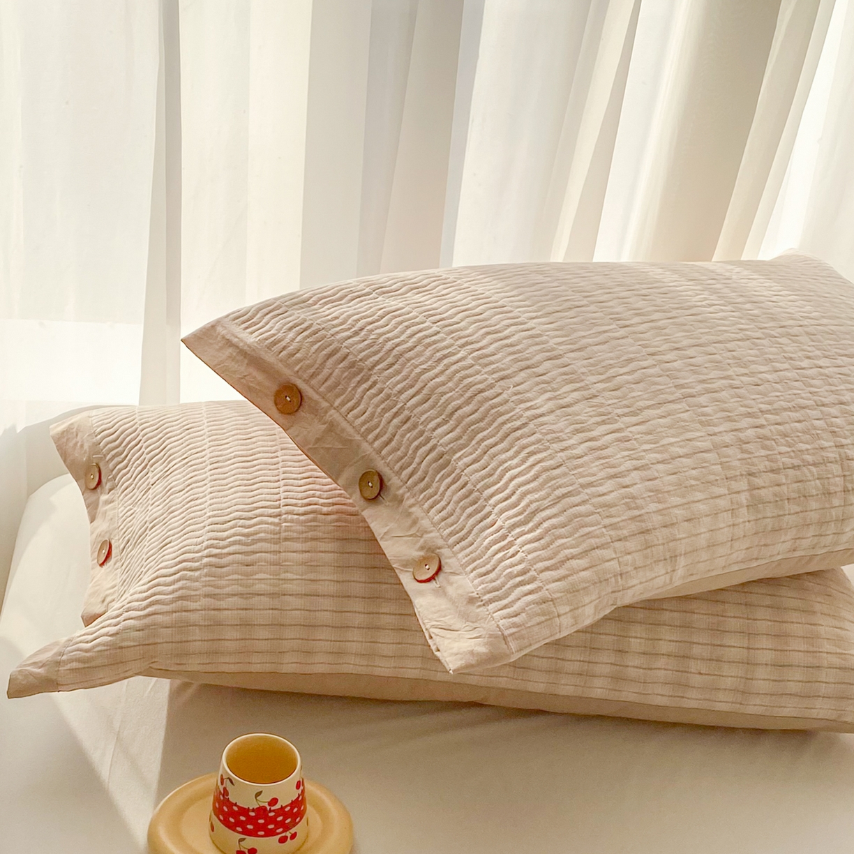 91家纺网 家纺一手货源 找家纺 美宜家 2026新款全棉水洗高密色织夹棉纺缝枕套高端全棉枕芯保护套 6.邂逅米