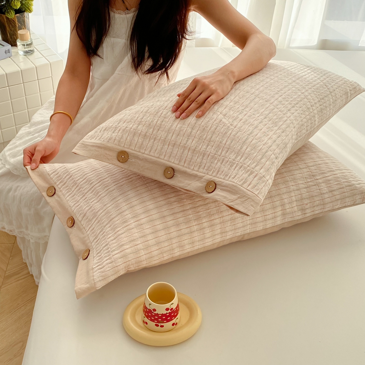 91家纺网 家纺一手货源 找家纺 美宜家 2026新款全棉水洗高密色织夹棉纺缝枕套高端全棉枕芯保护套 6.邂逅米