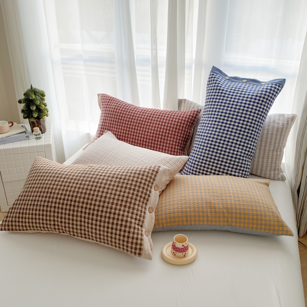 91家纺网 家纺一手货源 找家纺 美宜家 2026新款全棉水洗高密色织夹棉纺缝枕套高端全棉枕芯保护套 叠拍