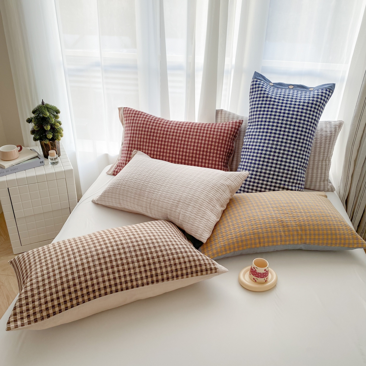 91家纺网 家纺一手货源 找家纺 美宜家 2026新款全棉水洗高密色织夹棉纺缝枕套高端全棉枕芯保护套 叠拍