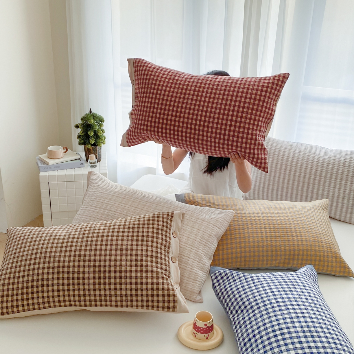 美宜家 2026新款全棉水洗高密色织夹棉纺缝枕套高端全棉枕芯保护套 叠拍