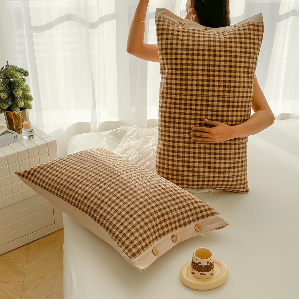 91家纺网 家纺一手货源 找家纺 （总）美宜家 2026新款全棉水洗高密色织夹棉纺缝枕套高端全棉枕芯保护套