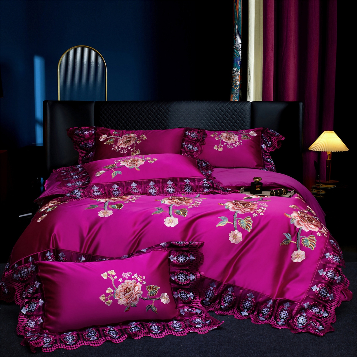 91家纺网 家纺一手货源 找家纺 OL家纺 2026新款高精密苏绣蕾丝四件套 金玉满堂-玫红