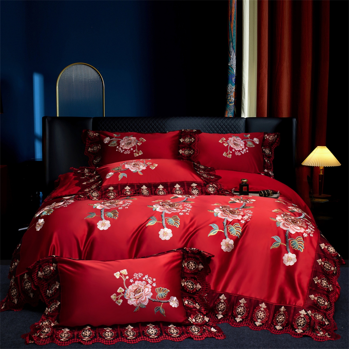 OL家纺 2026新款高精密苏绣蕾丝四件套 金玉满堂-大红