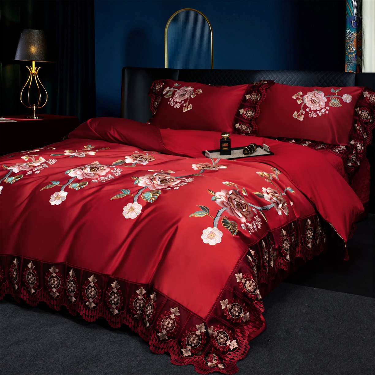 91家纺网 家纺一手货源 找家纺 OL家纺 2026新款高精密苏绣蕾丝四件套 金玉满堂-大红