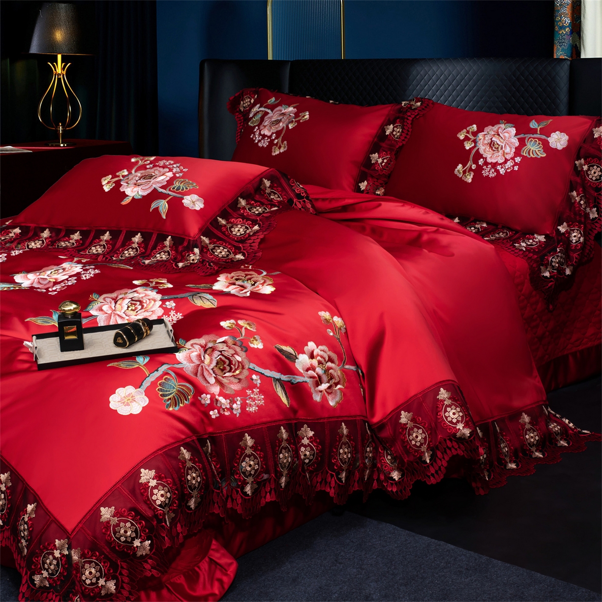 91家纺网 家纺一手货源 找家纺 OL家纺 2026新款高精密苏绣蕾丝四件套 金玉满堂-大红