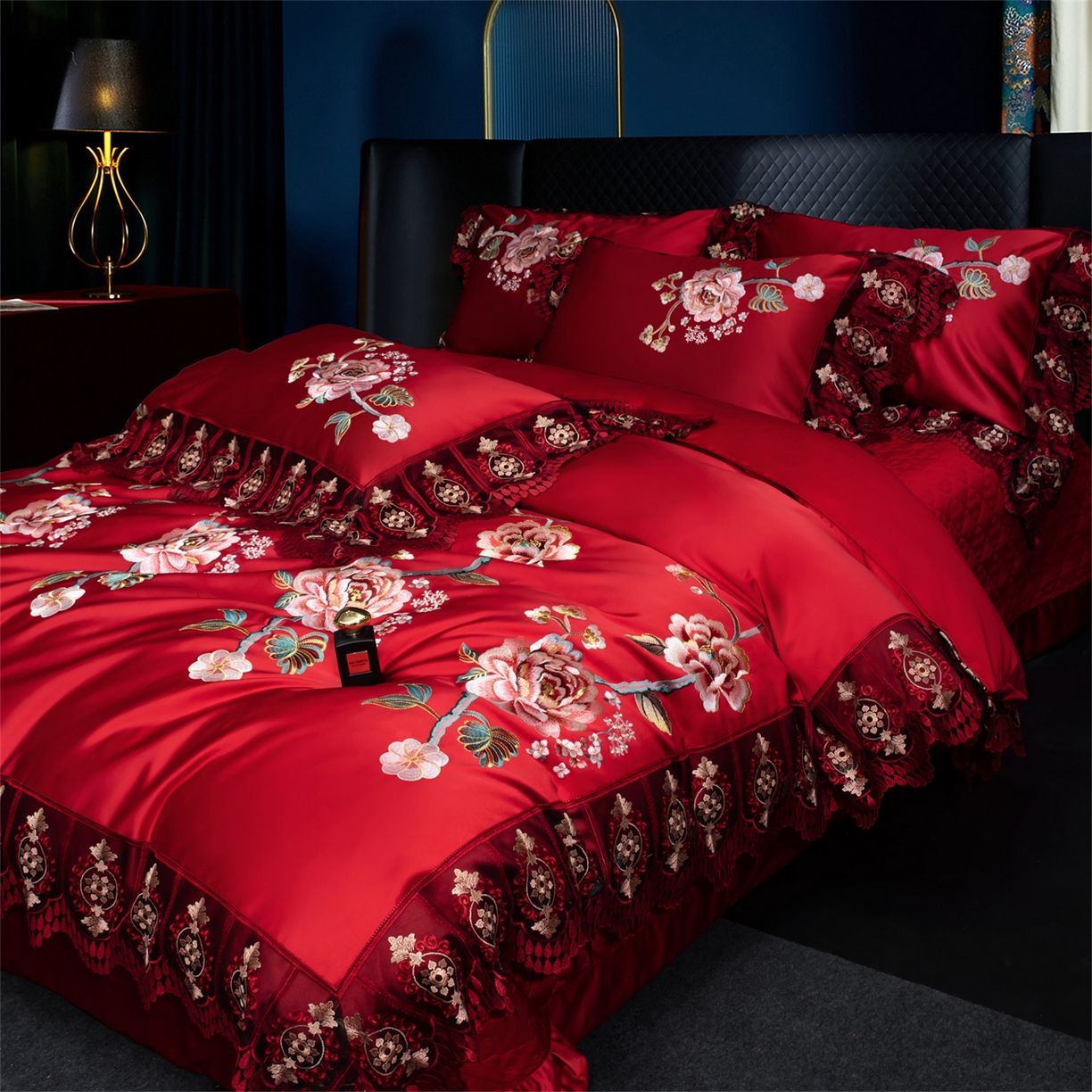 91家纺网 家纺一手货源 找家纺 OL家纺 2026新款高精密苏绣蕾丝四件套 金玉满堂-大红