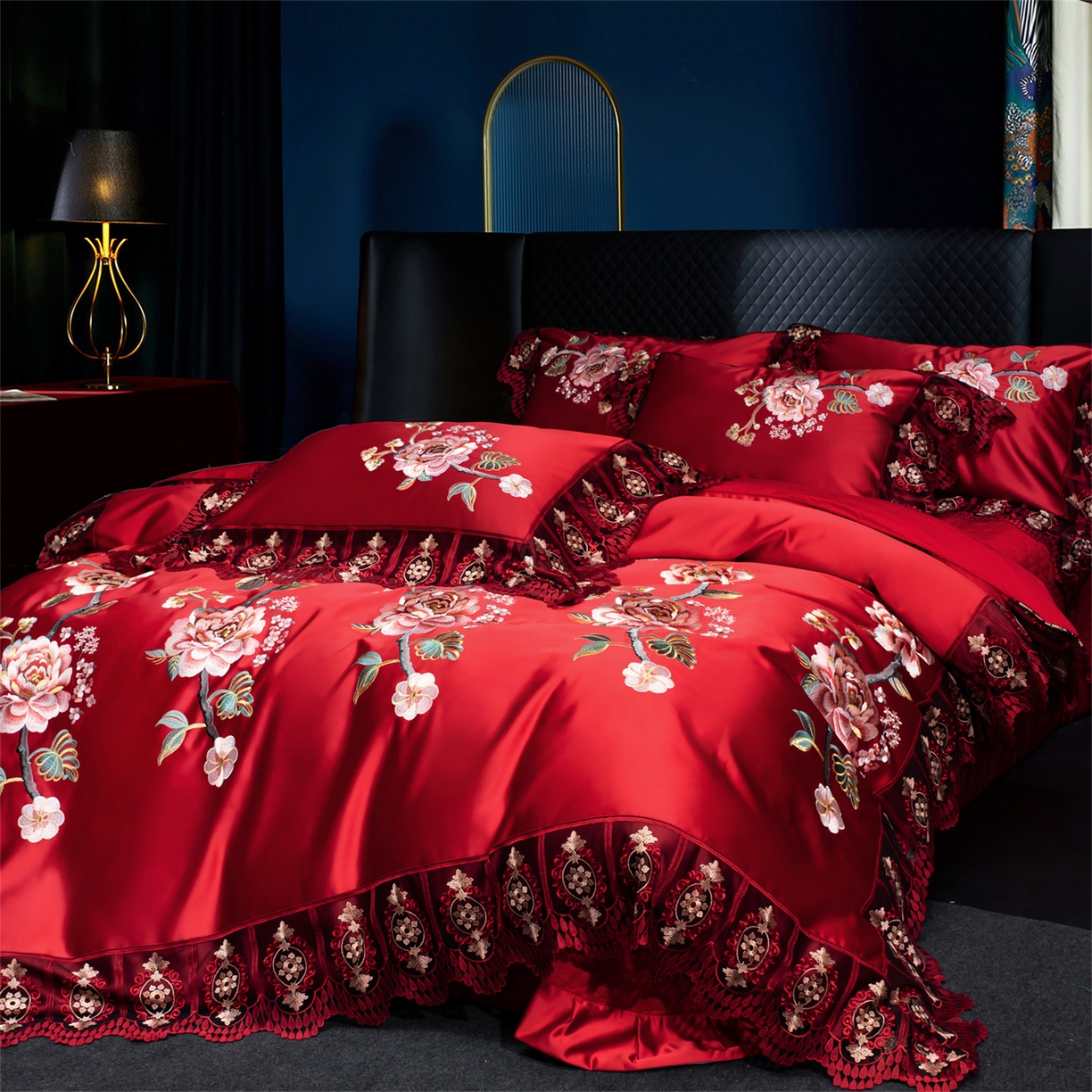 91家纺网 家纺一手货源 找家纺 OL家纺 2026新款高精密苏绣蕾丝四件套 金玉满堂-大红