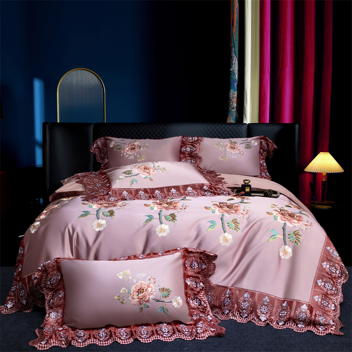 OL家纺 2026新款高精密苏绣蕾丝四件套 金玉满堂-豆沙