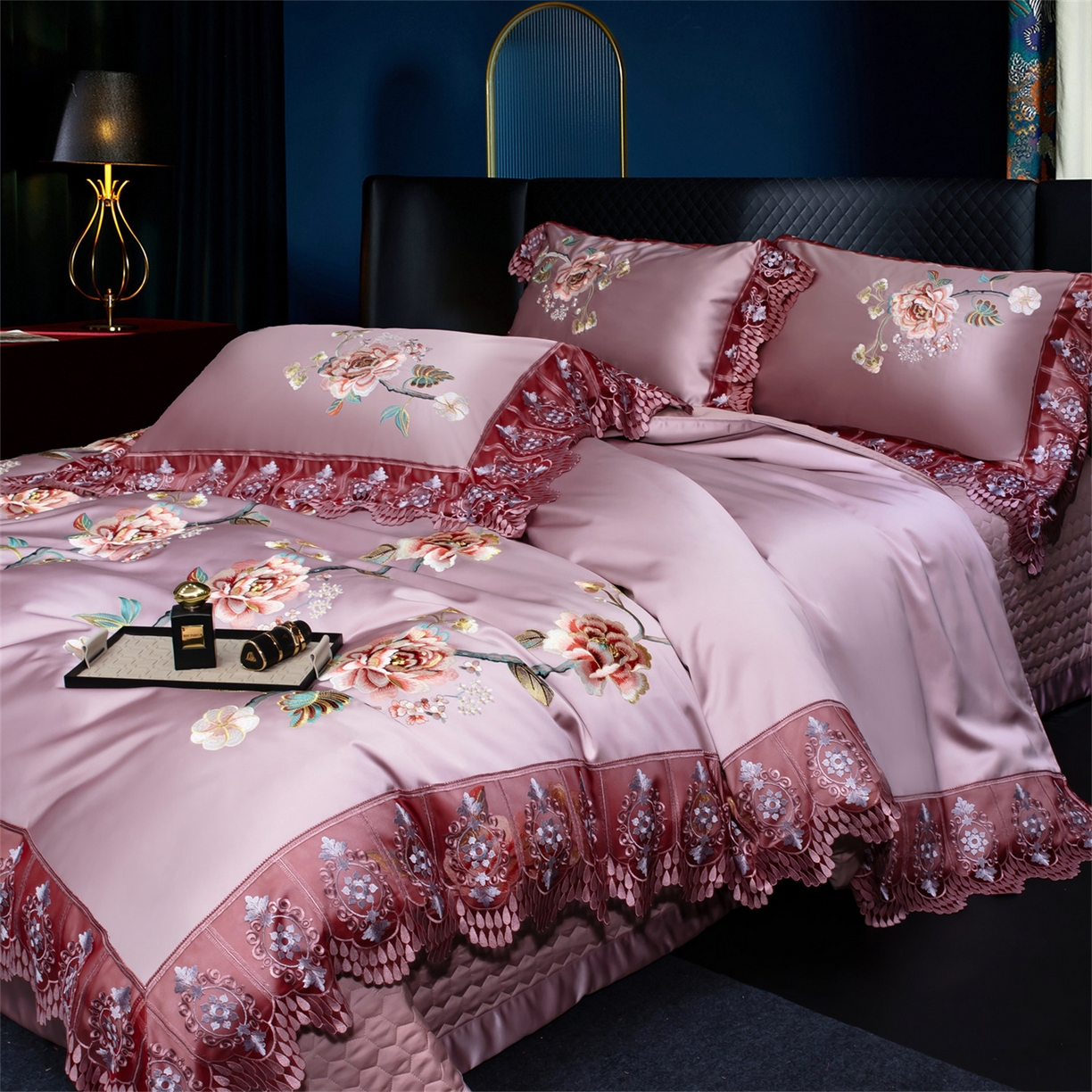 91家纺网 家纺一手货源 找家纺 OL家纺 2026新款高精密苏绣蕾丝四件套 金玉满堂-豆沙