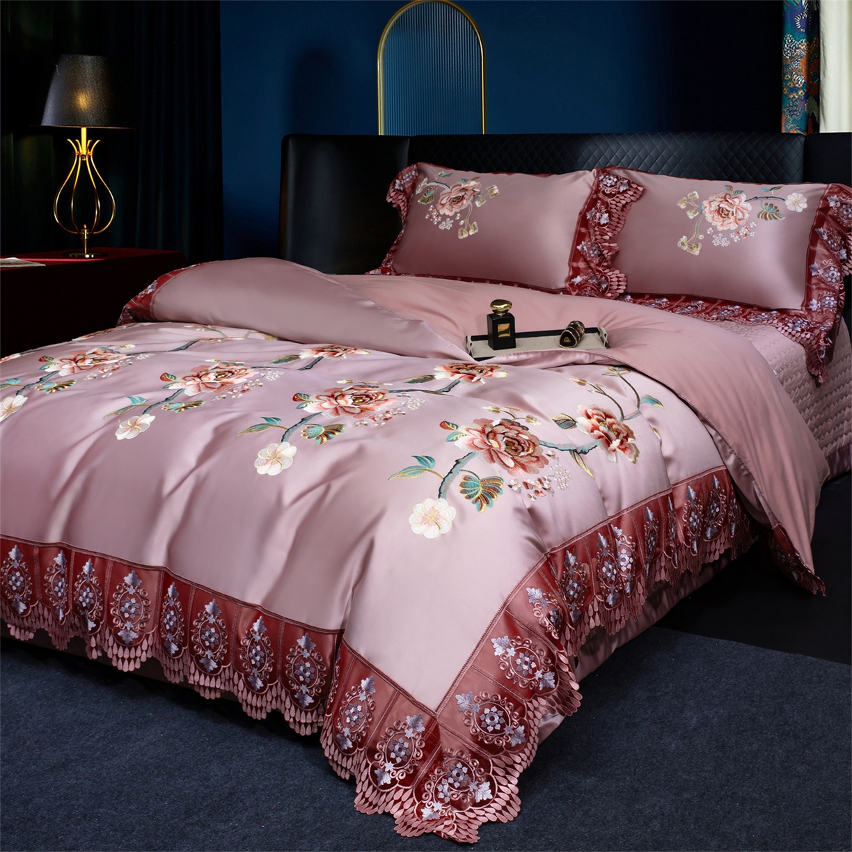 91家纺网 家纺一手货源 找家纺 OL家纺 2026新款高精密苏绣蕾丝四件套 金玉满堂-豆沙