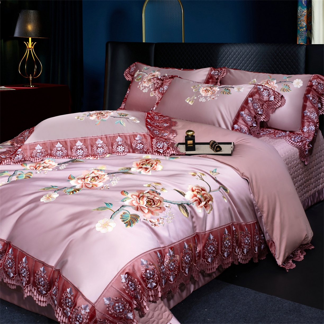 91家纺网 家纺一手货源 找家纺 OL家纺 2026新款高精密苏绣蕾丝四件套 金玉满堂-豆沙