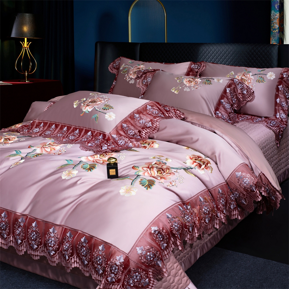 91家纺网 家纺一手货源 找家纺 OL家纺 2026新款高精密苏绣蕾丝四件套 金玉满堂-豆沙