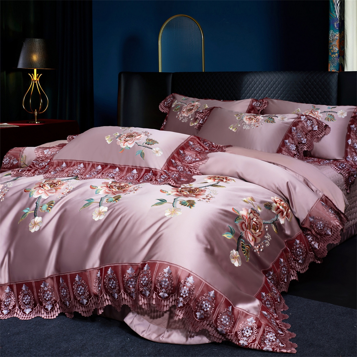 91家纺网 家纺一手货源 找家纺 OL家纺 2026新款高精密苏绣蕾丝四件套 金玉满堂-豆沙