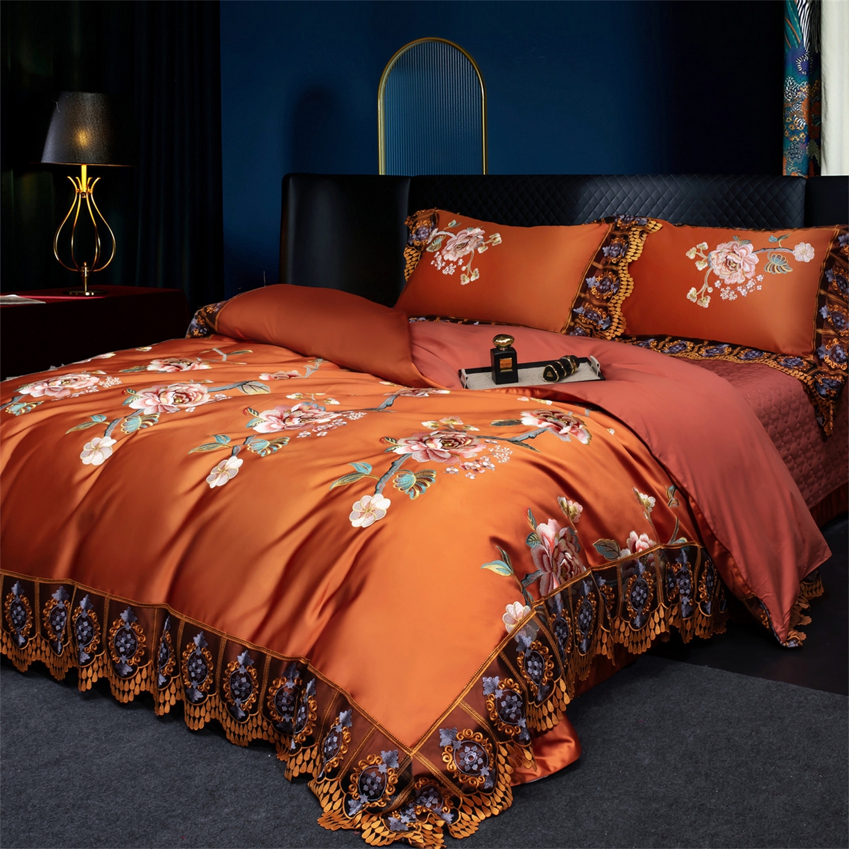 91家纺网 家纺一手货源 找家纺 OL家纺 2026新款高精密苏绣蕾丝四件套 金玉满堂-橘色