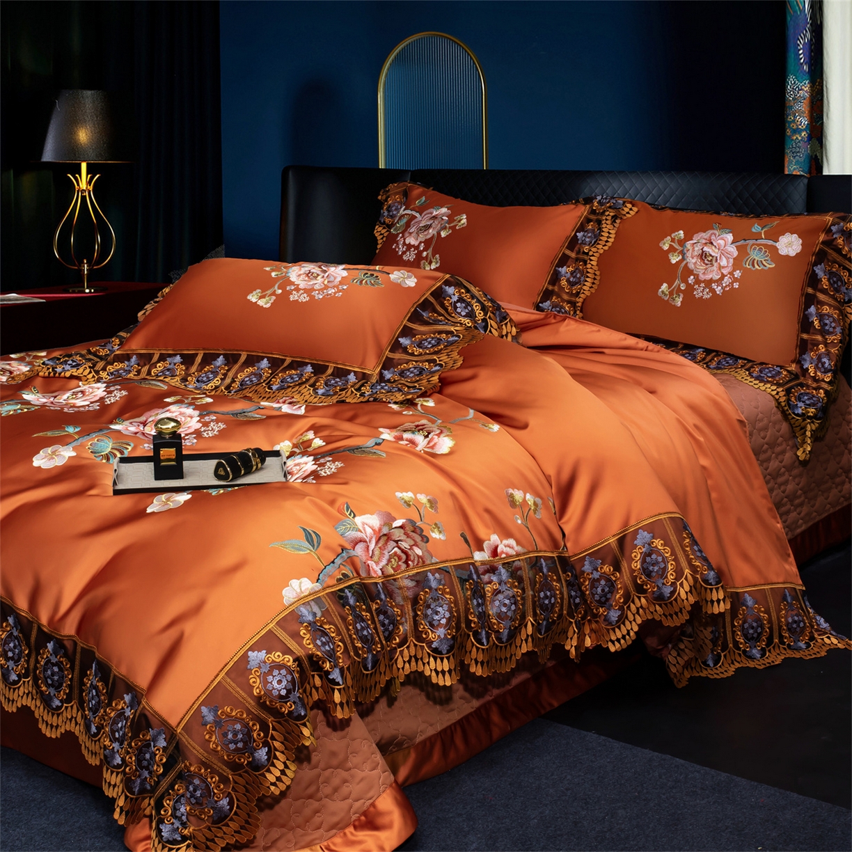 91家纺网 家纺一手货源 找家纺 OL家纺 2026新款高精密苏绣蕾丝四件套 金玉满堂-橘色