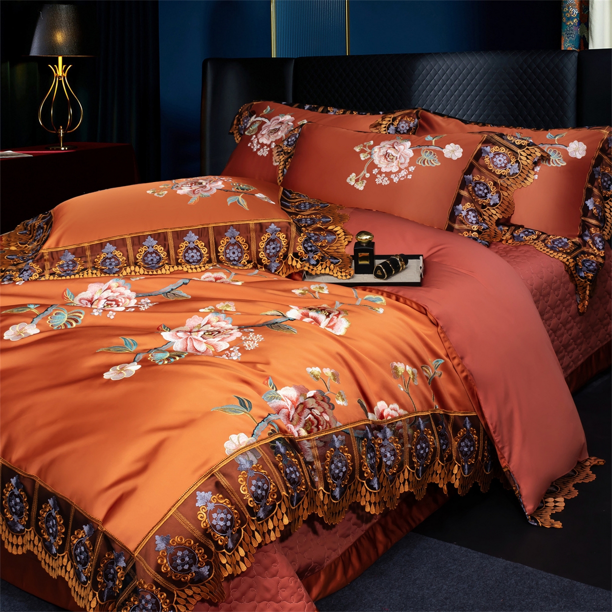 91家纺网 家纺一手货源 找家纺 OL家纺 2026新款高精密苏绣蕾丝四件套 金玉满堂-橘色