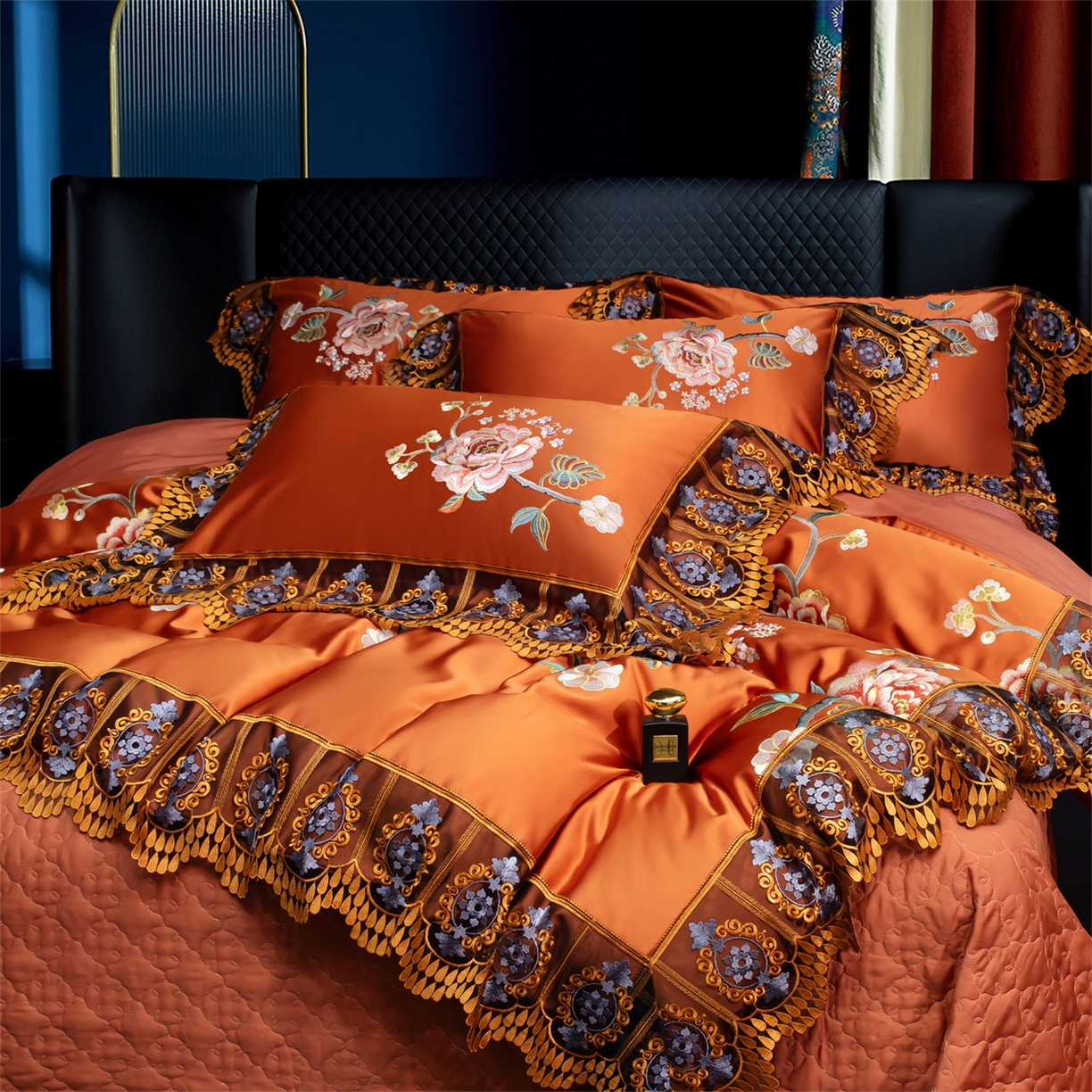91家纺网 家纺一手货源 找家纺 OL家纺 2026新款高精密苏绣蕾丝四件套 金玉满堂-橘色