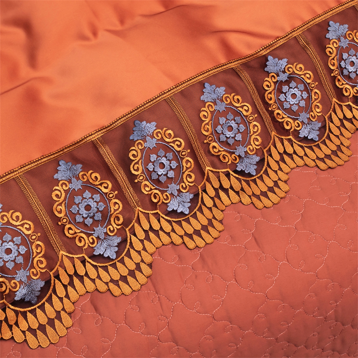 91家纺网 家纺一手货源 找家纺 OL家纺 2026新款高精密苏绣蕾丝四件套 金玉满堂-橘色