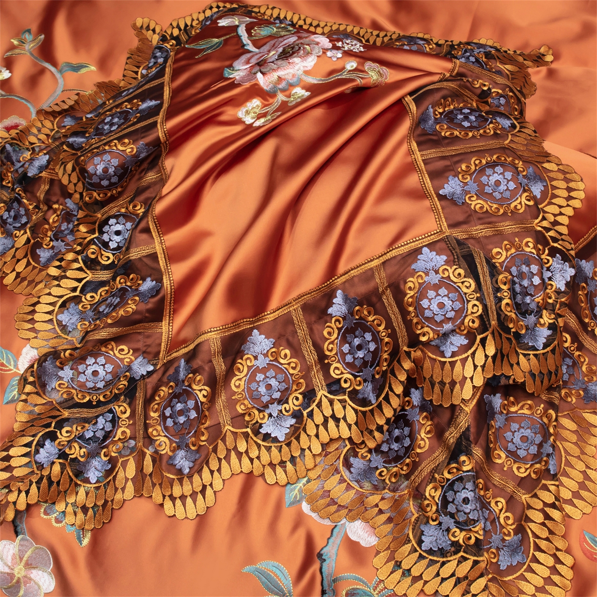 91家纺网 家纺一手货源 找家纺 OL家纺 2026新款高精密苏绣蕾丝四件套 金玉满堂-橘色