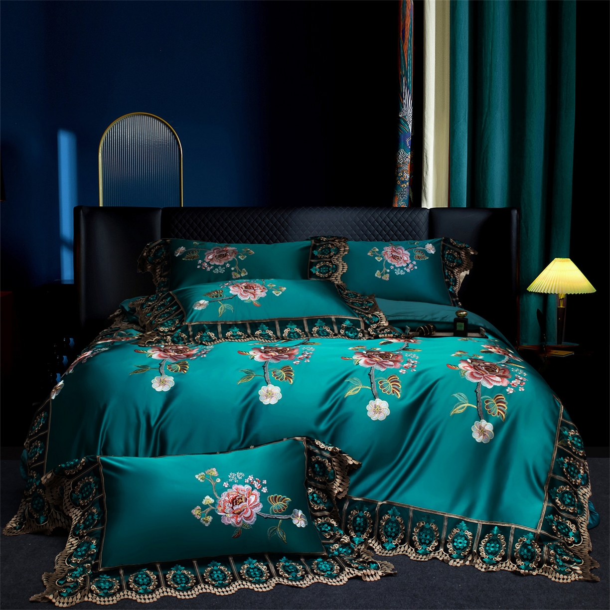 OL家纺 2026新款高精密苏绣蕾丝四件套 金玉满堂-孔雀蓝