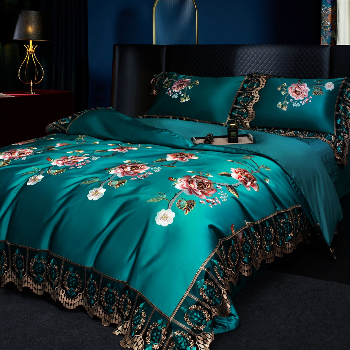 91家纺网 家纺一手货源 找家纺 OL家纺 2026新款高精密苏绣蕾丝四件套 金玉满堂-孔雀蓝