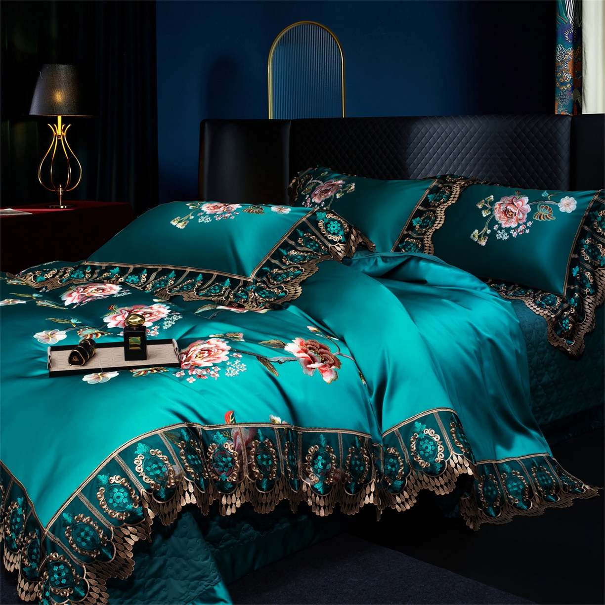 91家纺网 家纺一手货源 找家纺 OL家纺 2026新款高精密苏绣蕾丝四件套 金玉满堂-孔雀蓝