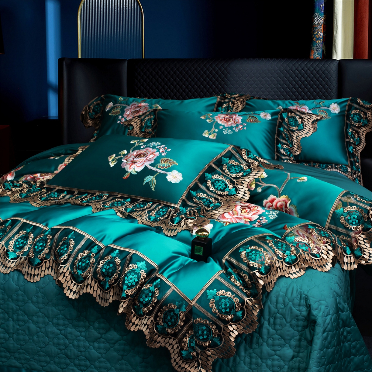 91家纺网 家纺一手货源 找家纺 OL家纺 2026新款高精密苏绣蕾丝四件套 金玉满堂-孔雀蓝