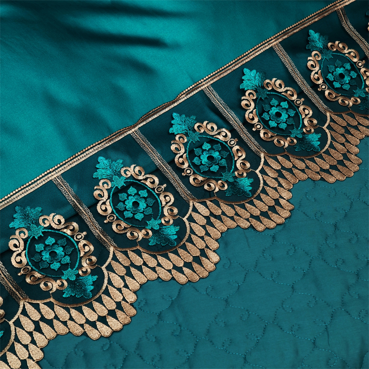 91家纺网 家纺一手货源 找家纺 OL家纺 2026新款高精密苏绣蕾丝四件套 金玉满堂-孔雀蓝