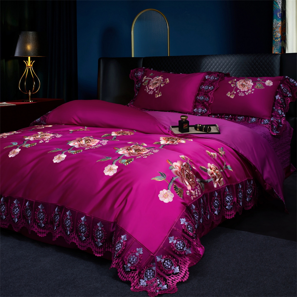 91家纺网 家纺一手货源 找家纺 OL家纺 2026新款高精密苏绣蕾丝四件套 金玉满堂-玫红