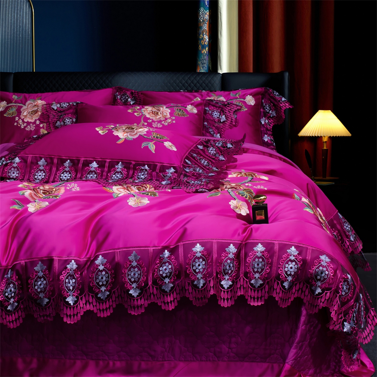 91家纺网 家纺一手货源 找家纺 OL家纺 2026新款高精密苏绣蕾丝四件套 金玉满堂-玫红