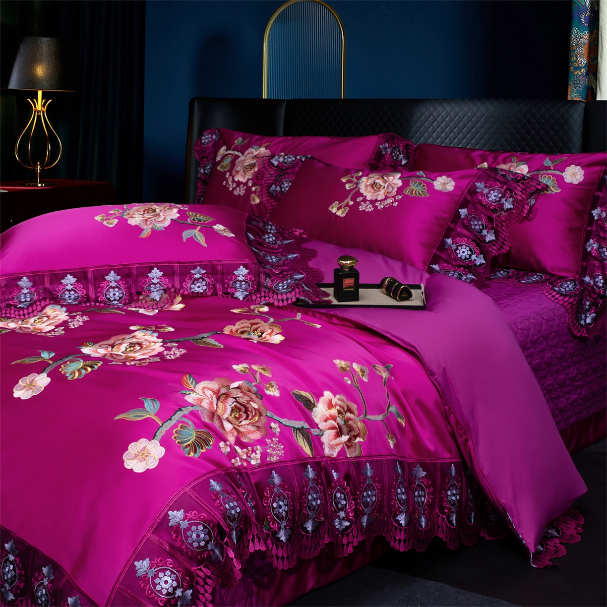 91家纺网 家纺一手货源 找家纺 OL家纺 2026新款高精密苏绣蕾丝四件套 金玉满堂-玫红