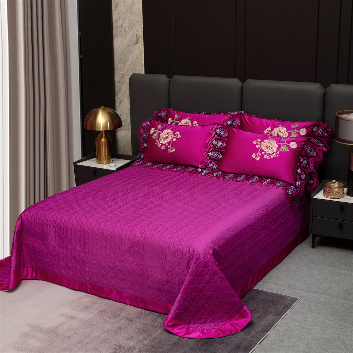 91家纺网 家纺一手货源 找家纺 OL家纺 2026新款高精密苏绣蕾丝四件套 金玉满堂-玫红