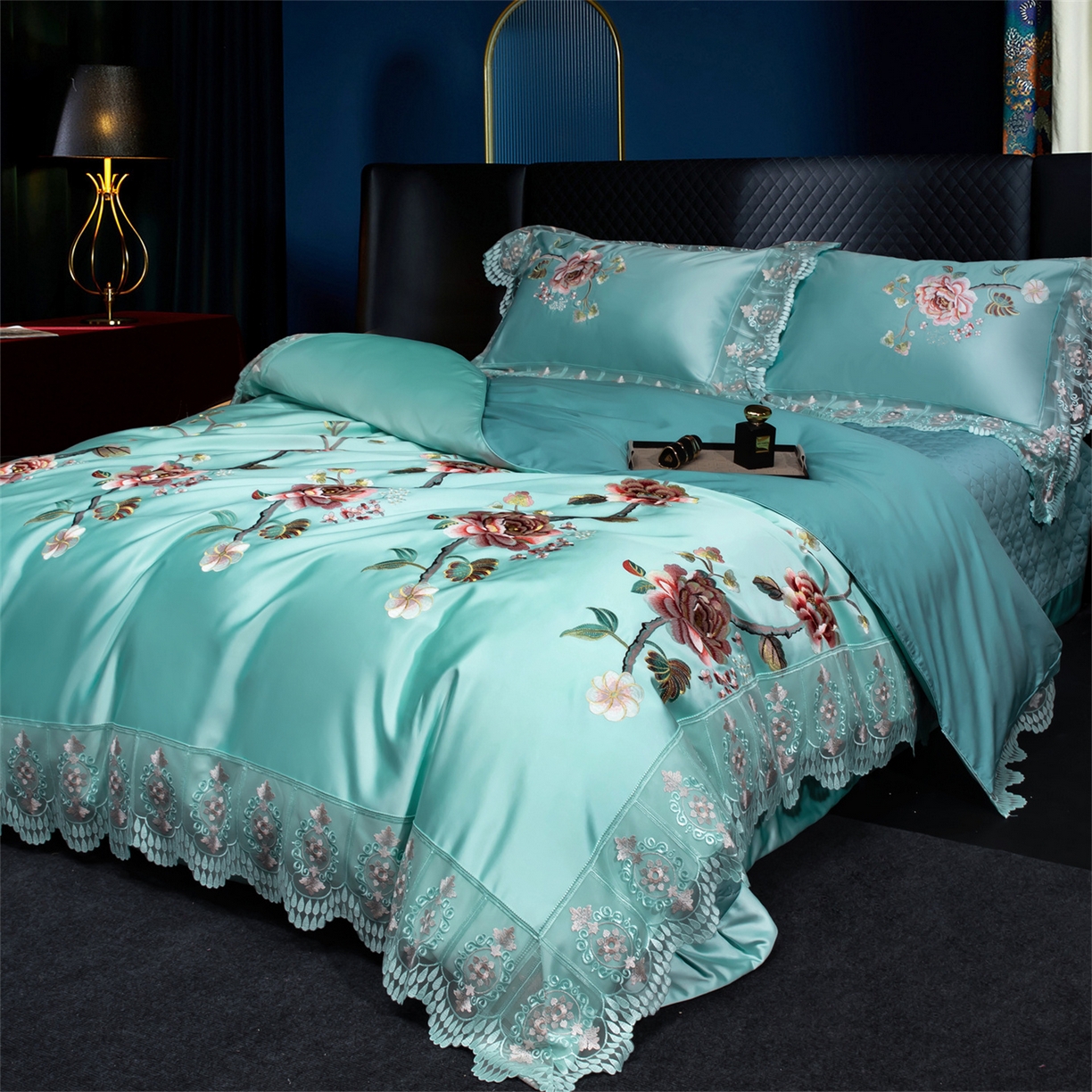 91家纺网 家纺一手货源 找家纺 OL家纺 2026新款高精密苏绣蕾丝四件套 金玉满堂-天兰